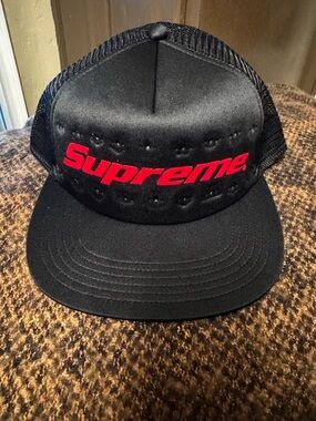 Supreme Black Trucker Hat with Red Script Logo
